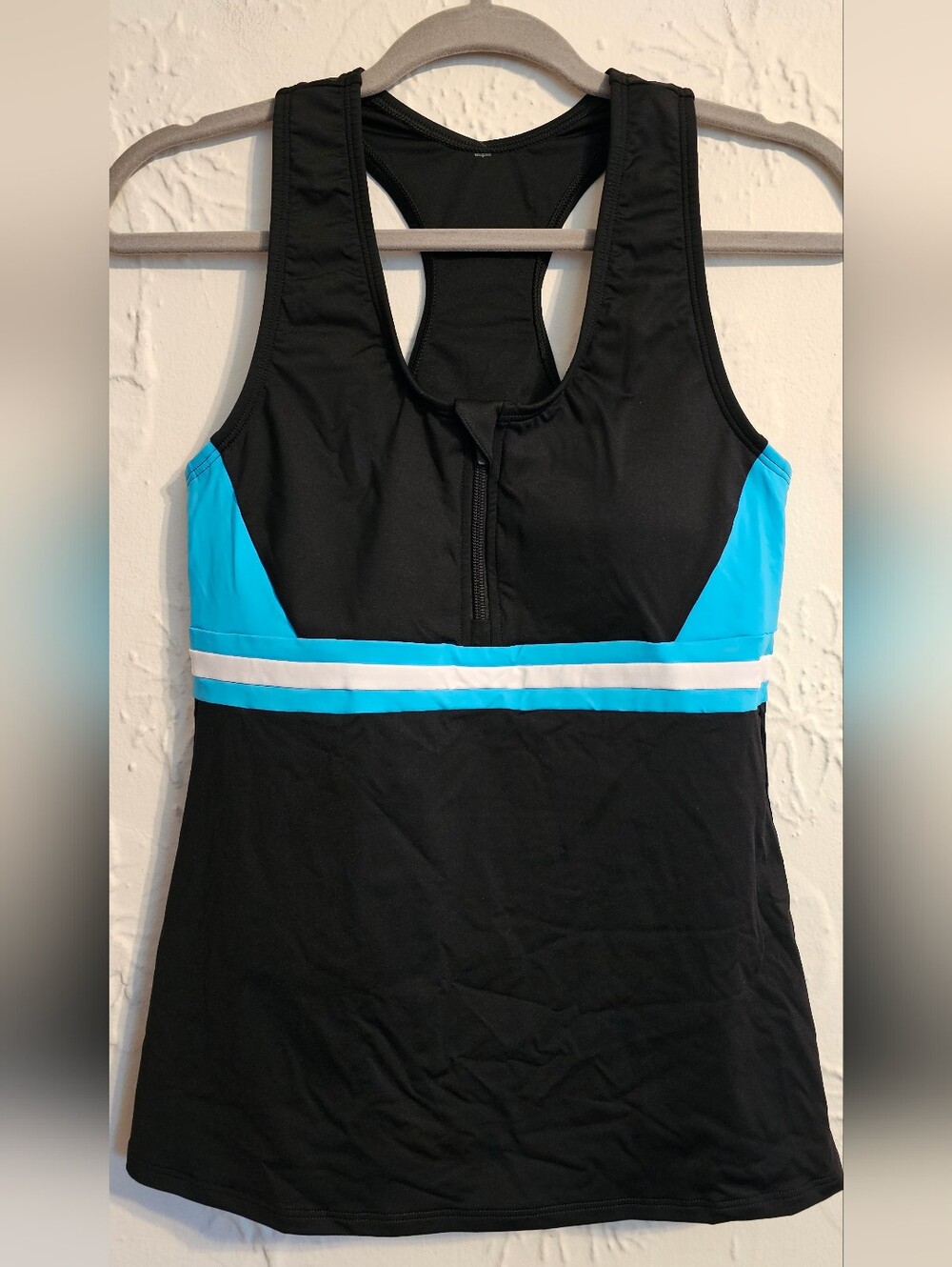 Lands' End Tankini Top Aqua Black Zipper Racerback Women's Swim Size S